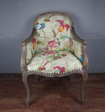 美式单人实木布艺沙发单人小户型复古做旧花卉布艺印花高背沙发椅