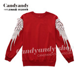 [Candyandy]春装天使羽毛翅膀刺绣长袖套头圆领卫衣上衣女白红色