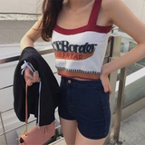 夏装韩国海马毛字母吊带背心女 复古短款修身弹力针织打底衫外穿