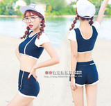 韩国新款小香风黑白短袖 分体平角遮肚显瘦保守运动无钢托女泳衣