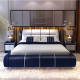 现代新款床1.8m双人床简约真皮婚床时尚蓝色大床1.5m主卧皮艺软床