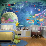 男女孩儿童房背景墙纸卧室卡通3d海洋世界壁纸定制壁画手绘美人鱼