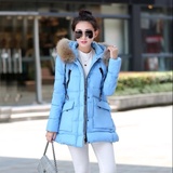 新款2015冬季女装韩版大口袋中长款毛领羽绒棉衣纯色棉袄外套
