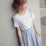 夏季女装韩版软妹百搭宽松短袖T恤背带中长款条纹连衣裙两件套装
