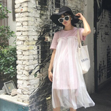 夏季女装韩版新款小清新宽松显瘦t恤透视蕾丝连衣裙长裙假两件套