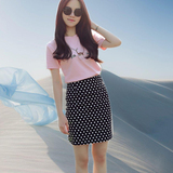 2016夏季韩版时尚休闲名媛小香风T恤短袖+波点包臀短裙套装两件套