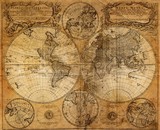 怀旧古地图双半球欧式装饰画帆船航海图世界地图羊皮卷挂画/画芯