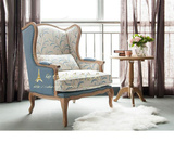 美式乡村实木单人沙发法式复古印花老虎椅休闲椅欧式客厅高背椅