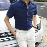 韩国东大门夏季青年男士纯色短袖衬衫修身型男式英伦商务白色衬衣