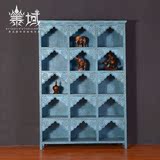 泰域 泰国榆木雕花蓝色展示柜子 东南亚艺术品展柜书柜支持定做
