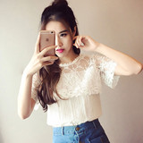 2016韩国定制夏季蕾丝短袖T恤薄网纱透明雪纺打底上衣镂空罩衫女