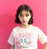 2016夏季新款韩国ulzzang原宿风软妹猫咪英文字母印花短袖宽松T恤