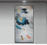 荷花鱼油画花卉中式客厅装饰画卧室玄关抽象写意走廊现代框画挂画
