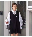 韩国秋季新款朴瑟可爱少女灯笼袖口系带衬衫V领百褶背带连衣裙