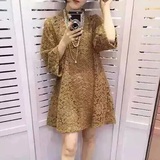 2016春季新款镂空蕾丝中长款打底衫女修身A字连衣裙大码上衣
