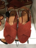 HM/H&M专柜正品代购 女士砖红色交叉带编织坡跟厚底可调节凉鞋