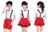 幼儿园园服白短袖红裙背带裤儿童表演服男女童红色小学生校服套装