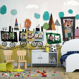 动物小火车卡通墙纸 手绘创意儿童房卧室床头背景墙壁纸 墙布壁画