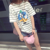 韩国东大门夏季新款短袖T恤女宽松圆领条纹卡通高飞狗学生上衣衫