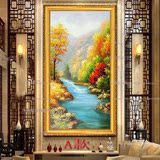 欧式手绘玄关山水风景油画壁炉过道现代装饰画客厅聚宝盆竖版挂画