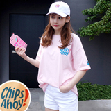 夏装新款中袖粉色t恤女宽松学生韩版纯棉中长款印花短袖体恤潮
