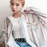 2016新款韩国ulzzang原宿BF风复古显瘦条纹中长款长袖衬衣女衬衫