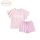 Gukoo/果壳夏季睡衣女粉色字母短袖格子短裤家居服睡衣短袖套装