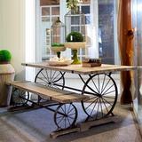 美式复古创意车轮西餐厅咖啡厅实木长桌椅组合奶茶店茶餐厅铁艺桌
