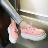 韩版厚底松糕鞋系带单鞋女鞋平底漆皮休闲鞋平跟鞋粉色黑色红色
