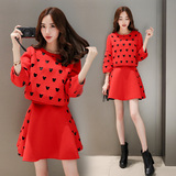 2016早春新款女装连衣裙韩版显瘦红色圆领上衣+半身裙两件套套装