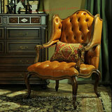 美式实木皮艺休闲单人沙发椅欧式复古高靠背老虎椅法式新古典单椅