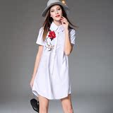 【天天特价】2016欧美夏装刺绣花衬衣女短袖高端白衬衫中长款衬衫
