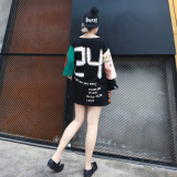 2016夏季新款韩国原宿风软妹子拼色刺绣宽松中长款T恤 女