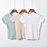 夏季新款女修身木耳边短款打底衫韩版套头短袖纯色T恤上衣