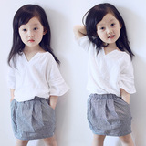 韩版儿童套装女童小V领清新T短袖格子短裙两件套2016夏装新款0024