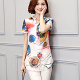 2016夏季新款韩版女装V领印花短袖中长款上衣修身显瘦棉麻衬衫女