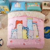 蒙格 卡通大版全棉四件套 猫咪纯棉床单床笠床上四件套 粉色被套
