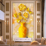 艾尚3D立体金玫瑰花欧式竖版客厅过道玄关壁画走廊背景墙艺术玻璃