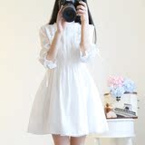 夏季中长款日系学生甜美小清新裙子蕾丝韩版可爱白色雪纺连衣裙潮