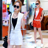 蘑菇街夏季新款韩版女装时尚修身显瘦连体短裤白色休闲两件套装潮