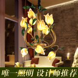 美式复古琉璃吊灯 铁艺欧式田园花草灯花朵创意楼梯间餐厅卧室灯