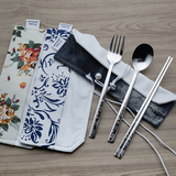 304不锈钢便携餐具三件套装实心扁筷子勺子叉子韩国旅行学生布袋