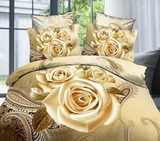 3D立体纯全棉四件套大花整图浅黄金色床单被套床上用品结婚庆礼品