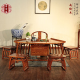 仿古全实木功夫茶桌椅组合中式古典雕花茶桌椅茶台扇形茶桌南榆木