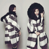 秋冬韩版女装斗篷高档毛呢外套双面穿中长款超大毛领格子大衣
