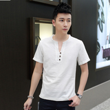2016新款韩版夏季男士亚麻短袖T恤学生体恤青少年半袖潮流V领男装