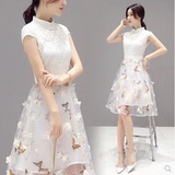 蘑菇街2016新款女装夏装韩版修身高腰连衣裙中裙蕾丝短袖欧根纱裙