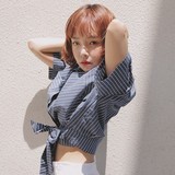 2016夏季新款韩国代购 甜美风蝴蝶结系带高腰短款竖条纹衬衫女