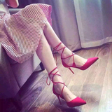 2016春秋夏季鞋尖头高跟鞋细跟红色浅口凉鞋绑带中空性感女单鞋子
