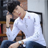 秋季韩版男士衬衫男长袖印花寸衫修身型休闲青年流行男装薄款衬衣